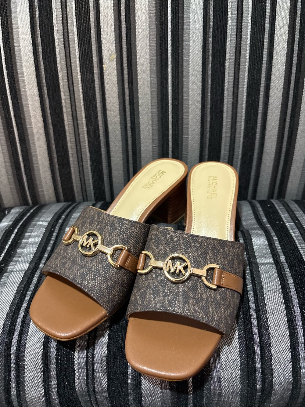 MICHAEL Michael Kors Brown/Chestnut Logo Chain Slide Sandals